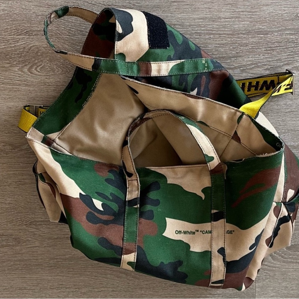 Off-White Camouflage Tote with Yellow Accent